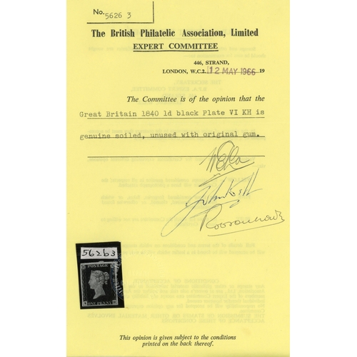 3047 - GB 1840 1d black, Pl. 6 (KH), unmounted mint. SG 2