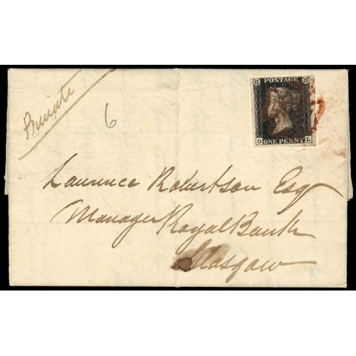 3050 - GB: POSTAL HISTORY: 1840 1d black, plate 6 (OL), clear to very large margins, on cover to Glasgow
