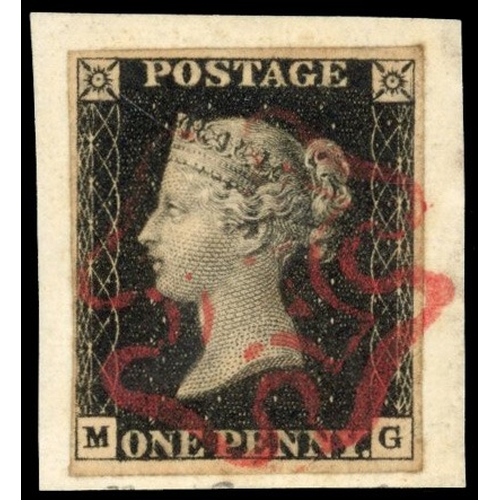 3051 - GB 1840 1d black, plate 6 (MG), used tied to small piece with neat ruby Maltese cross