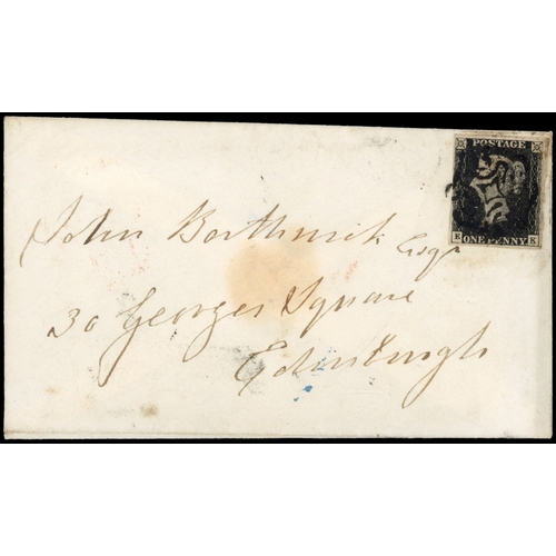3060 - GB: POSTAL HISTORY: 1840 1d black, plate 9 (EK), close to good margins, on cover to Edinburgh
