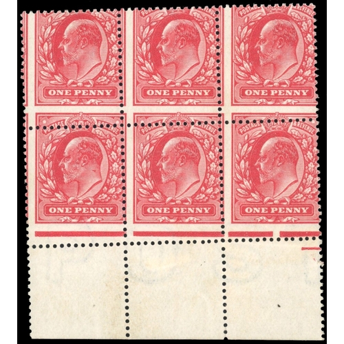 3154 - GB 1911 Harrison perf 14 1d rose-red, mint lower marginal block of six showing remarkable misperf