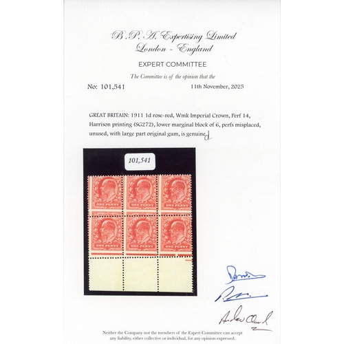 3154 - GB 1911 Harrison perf 14 1d rose-red, mint lower marginal block of six showing remarkable misperf
