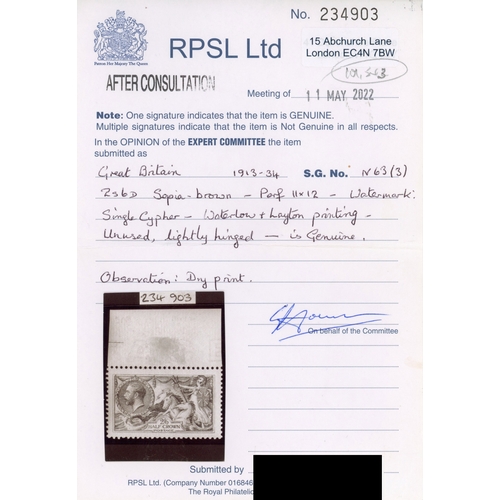 3169 - GB 1913 Waterlow 2s6d sepia-brown, top marginal unmounted mint âdry prin