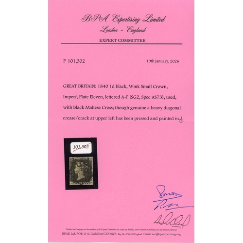 11 - 1840 1d black Plate 11, AF.  Four-margined example with almost complete black MC.  Pink BPA Certific... 