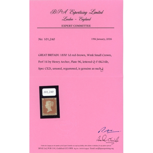 19 - 1850 1d red-brown Plate 96, perf 16 by Archer, unused and regummed.  Rare even so.  BPA (pink) Certi... 