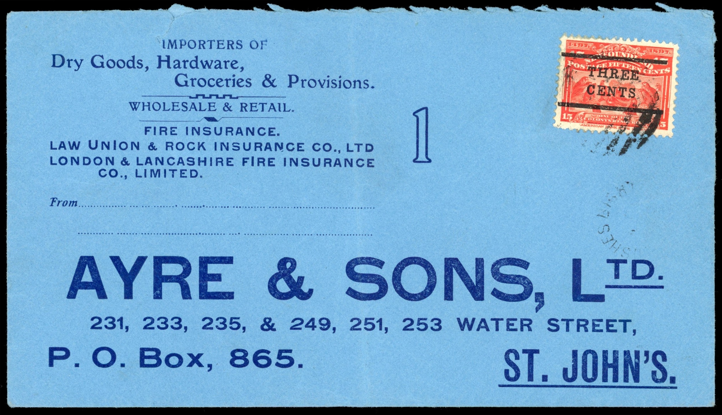 1920 deep blue on blue, printed 'AYRE & SONS, LTD' business envelope ...