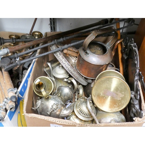 57 - Two very large boxes of silver plated items, brass, copper, trays, camera tripods etc