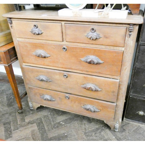 265 - Edwardian walnut chest of three long and two short drawers with carved wood handles, 3'6 wide