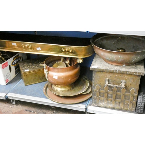 72 - A very large box of brass copper to include brass fender, large brass coal box, brass bowl, trays et... 