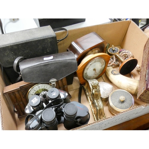 114 - A box containing clocks, binoculars, ornaments, old horn etc