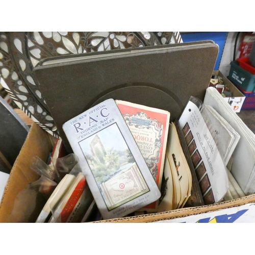 131 - A large box of stamps, maps, photographs, inlaid tray etc