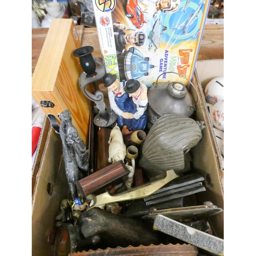 134 - A very large box of pencils, ornaments, brass, glass, china, Captain Scarlet games etc