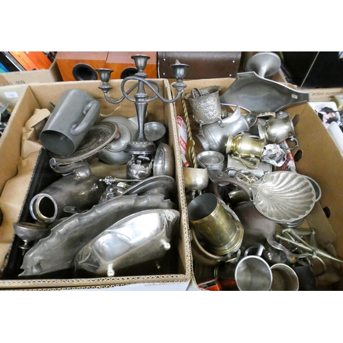 137 - Two large boxes of silver plate, brass etc