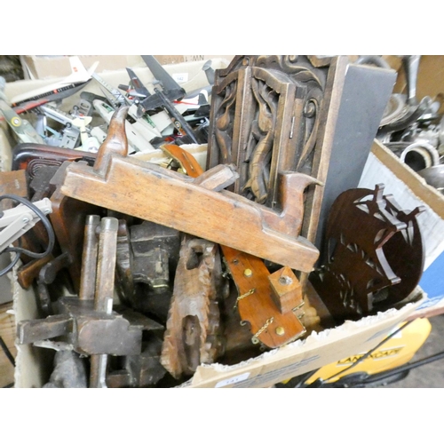 141 - A large box of old wooden planes, mirror, a modern plane and other wooden ornaments