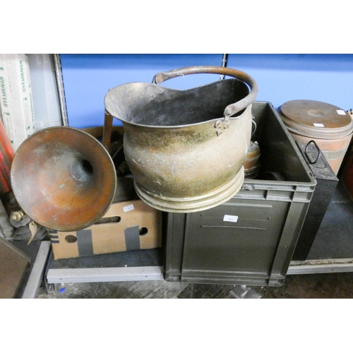 161 - Two very large boxes of brass, copper ornaments, buckets, horns, and metal box