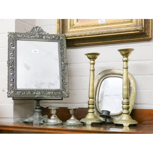 390 - A metal framed freestanding dressing table mirror, pair of brass candlesticks, mirror and a pair of ... 