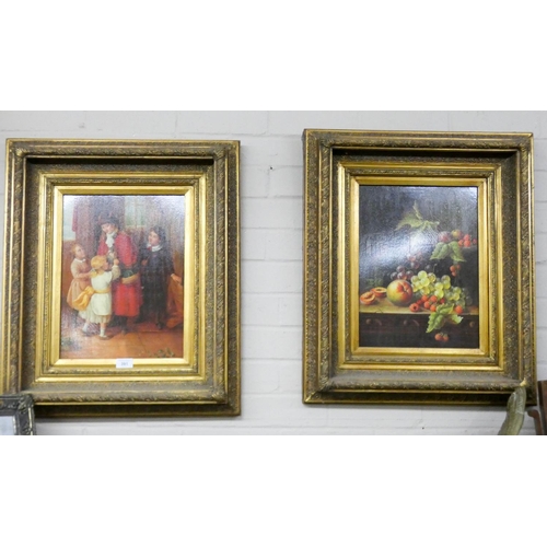 391 - A pair Victorian style oil paintings in gilt frames, one of children, one a still life