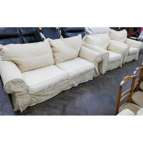 353 - A four piece lounge suite with gold figured loose covers, comprising of two seater settee and three ... 