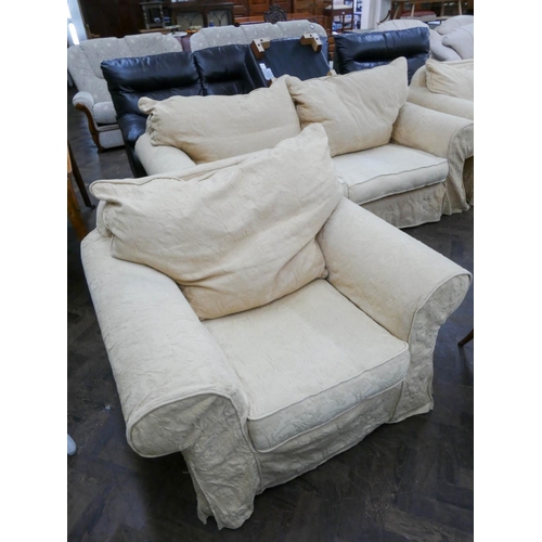 353 - A four piece lounge suite with gold figured loose covers, comprising of two seater settee and three ... 