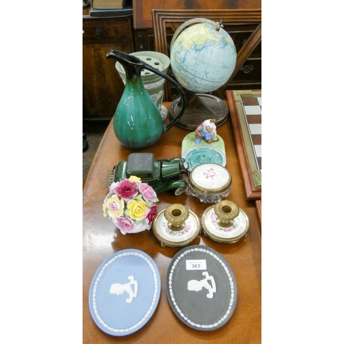 363 - Globe, Wedgwood Jasper ware plaques, vase, toy car, ornamental china etc