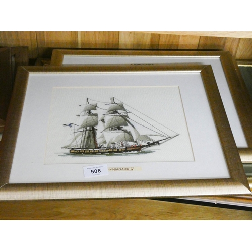 508 - Quantity of assorted modern pictures and prints including set of 4 embroidered panels of ships