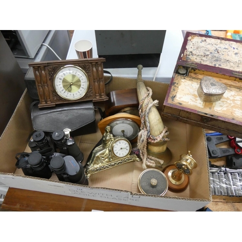 114 - A box containing clocks, binoculars, ornaments, old horn etc