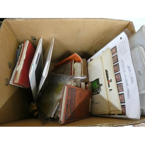 131 - A large box of stamps, maps, photographs, inlaid tray etc