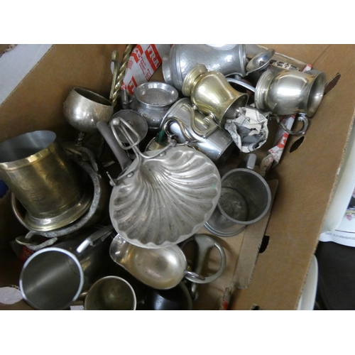 137 - Two large boxes of silver plate, brass etc