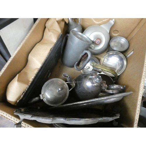 137 - Two large boxes of silver plate, brass etc