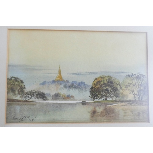 501 - Four mid-20th century Japanese watercolours of temples, Gordon King print, framed map etc