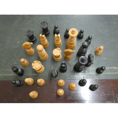 246 - Various chess pieces, old wooden box etc