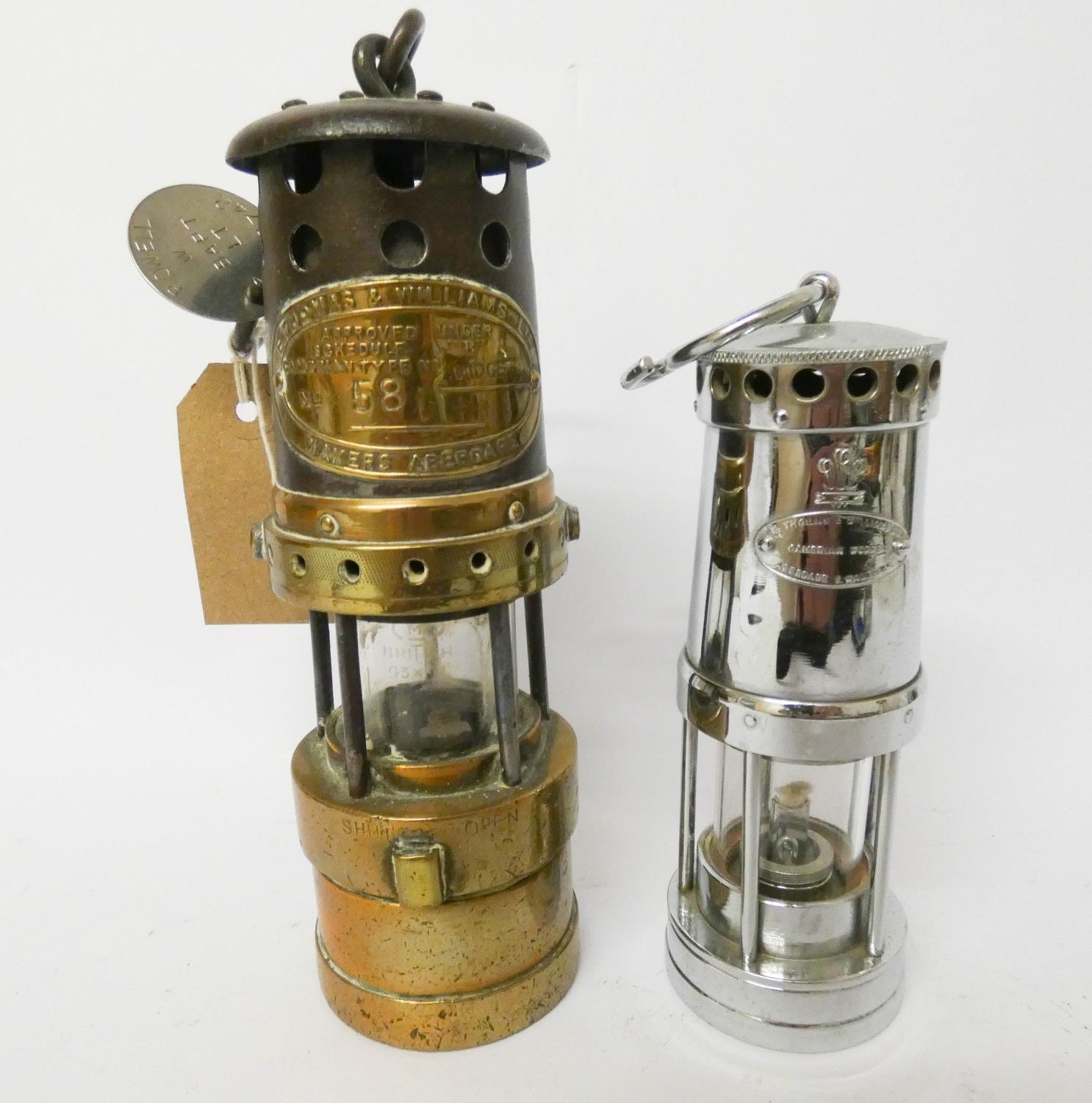 A Thomas & Williams Ltd number 58 Miners Lamp and a small chrome miners ...