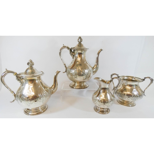 601 - Elkington & Company - Victorian four piece silver tea and coffee service, in velvet lined oak origin... 