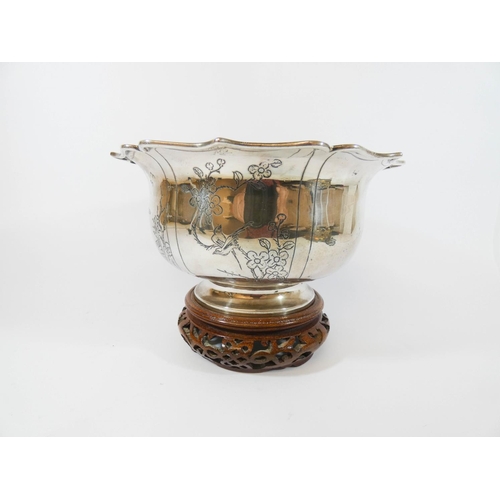 602 - Chinese export silver circular pedestal fruit bowl, with engraved landscape style decoration, hallma... 