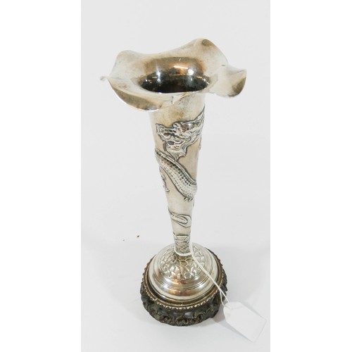 604 - Chinese export silver vase, by Hung Chong & Co Shanghai, decorated with a coiled dragon, on carved h... 