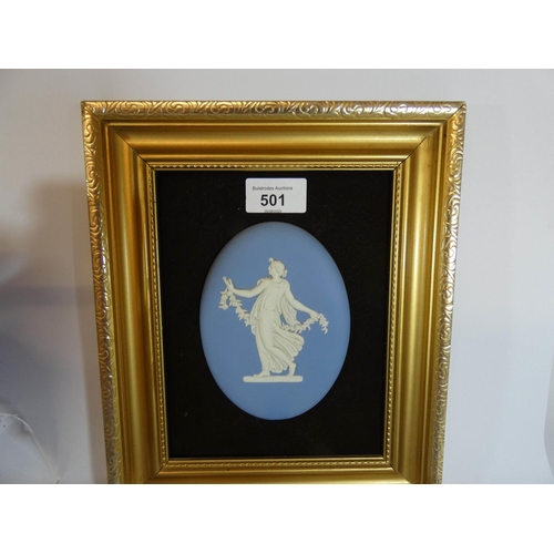 501 - A collection of Wedgwood blue Jasper wares to include jugs, vases, in trays and dancing hours plaque