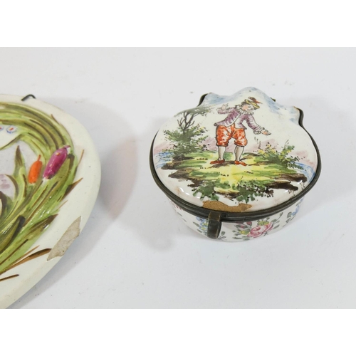 511 - Two enameled table snuff boxes and a pearl ware plaque depicting a duck amongst reeds, the plaque me... 