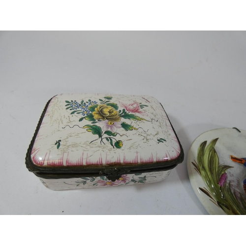 511 - Two enameled table snuff boxes and a pearl ware plaque depicting a duck amongst reeds, the plaque me... 