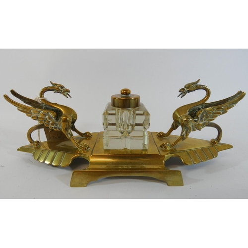 535 - A Victorian brass inkstand decorated with Griffons