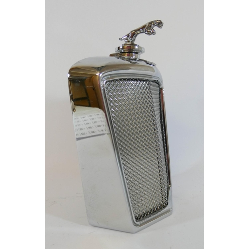 615 - Jaguar interest, a hip flask decanter in the form of a Jaguar radiator, heavy chrome on plated metal... 