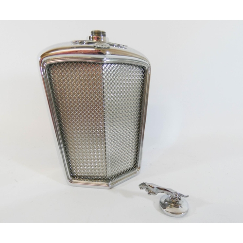 615 - Jaguar interest, a hip flask decanter in the form of a Jaguar radiator, heavy chrome on plated metal... 