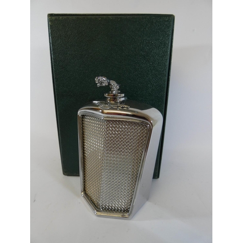 615 - Jaguar interest, a hip flask decanter in the form of a Jaguar radiator, heavy chrome on plated metal... 