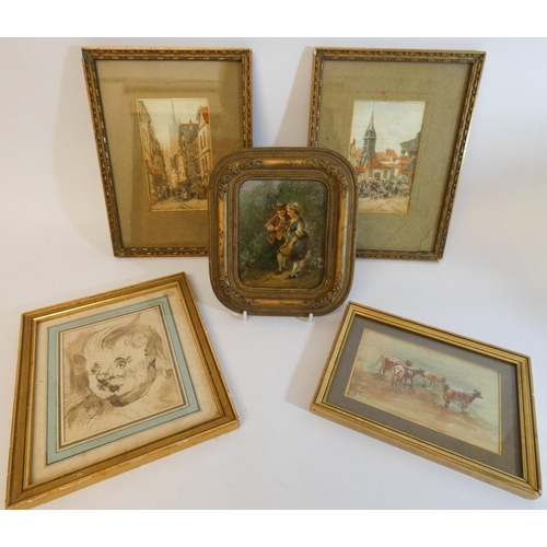 565 - A collection of five antique and later gilt framed watercolours and oil paintings, all framed