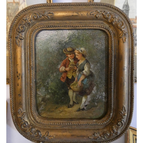 565 - A collection of five antique and later gilt framed watercolours and oil paintings, all framed