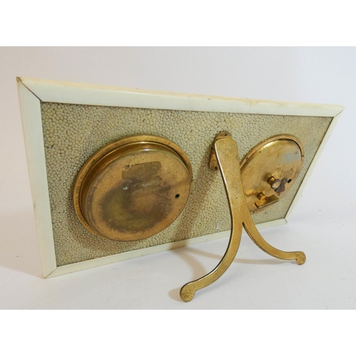 568 - A 1920's shagreen and brass mounted Art Deco desk clock, thermometer and Anemometer, 19cm across