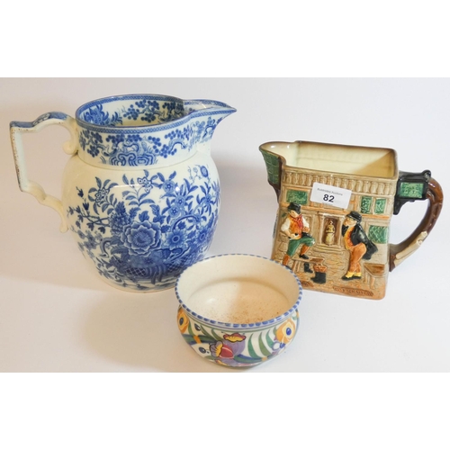 82 - Royal Doulton Pickwick jug, blue and white ceramic jug and a Poole Pottery bowl