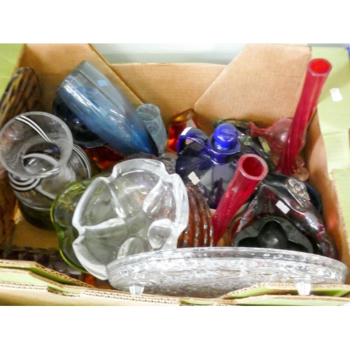 50 - Two large boxes of glass, coloured glass, decanters, paperweights etc