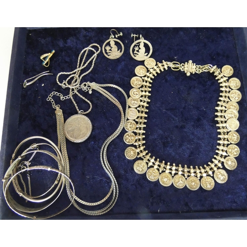 595 - Asian Zodiac and coin set choker necklace, a selection of silver bangles, locket and chain etc