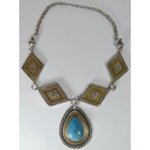 597 - Eastern silver and turquoise matrix set necklace