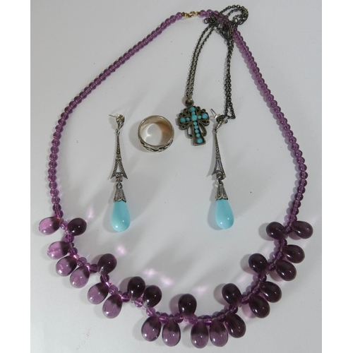 599 - A pair of Art Deco style drop earrings, a silver ring and an amethyst glass bead necklace